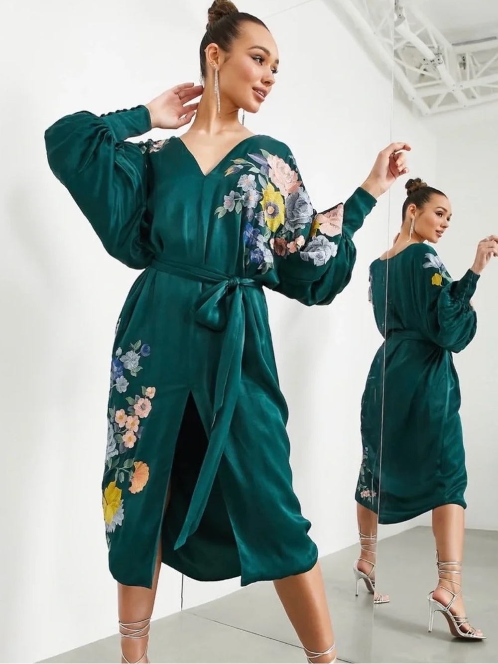 ASOS CURVE Size 20 Forest Green Floral Embroidered Satin Midi Dress
